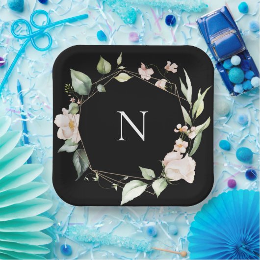 モノグラムエレガントフローラピンクブラック結婚ズプレート ペーパープレート (パーティー)