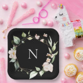 モノグラムエレガントフローラピンクブラック結婚ズプレート ペーパープレート (パーティー)