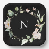 モノグラムエレガントフローラピンクブラック結婚ズプレート ペーパープレート (正面)