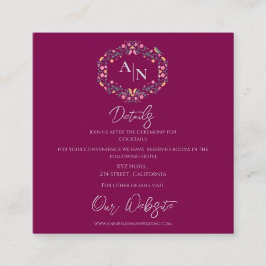 モノグラムエレガントフローラフレー結婚ムの詳細 エンクロージャーカード (正面)