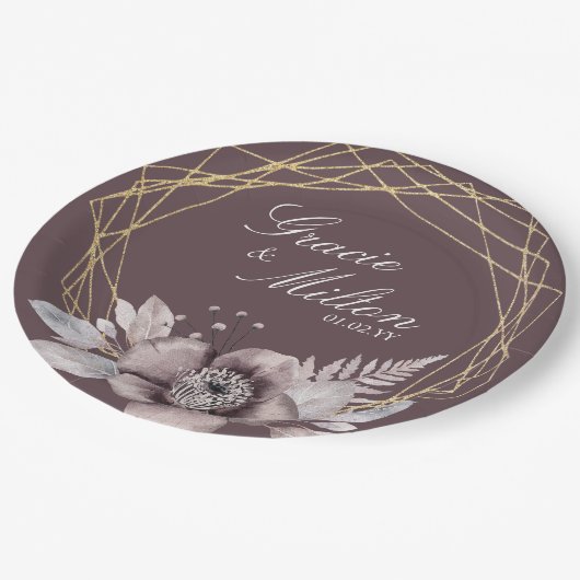 モノグラムエレガントフローラマウヴ金ゴールド結婚ズ ペーパープレート (アングル)