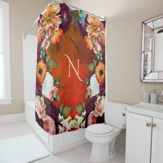 モノグラムエレガントフローラ植物学素朴ヴィンテージ シャワーカーテン (インサイチュ)
