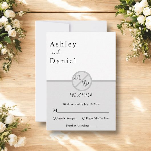 モノグラムエレガントブラックとホワイトグレーシック結婚ズ 出欠カード