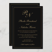 モノグラムエレガントブラックと金ゴールドが一つの内に入結婚る 招待状 (正面/裏面)