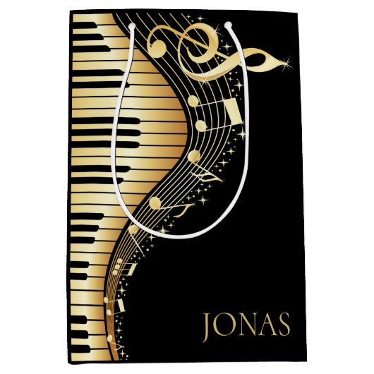 モノグラムエレガントブラックと金ゴールドミュージックノートデザイン ミディアムペーパーバッグ (正面)