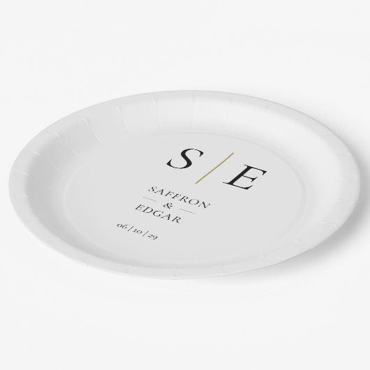 モノグラムエレガントブラックと金ゴールド結婚ズ ペーパープレート (アングル)