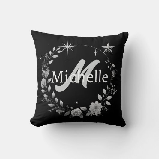 モノグラムエレガントブラックシルバースクリプト装飾用クッション クッション (正面)