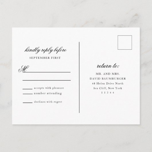 モノグラムエレガントブラックスクリプ結婚トの返信 インビテーションポストカード (裏面)