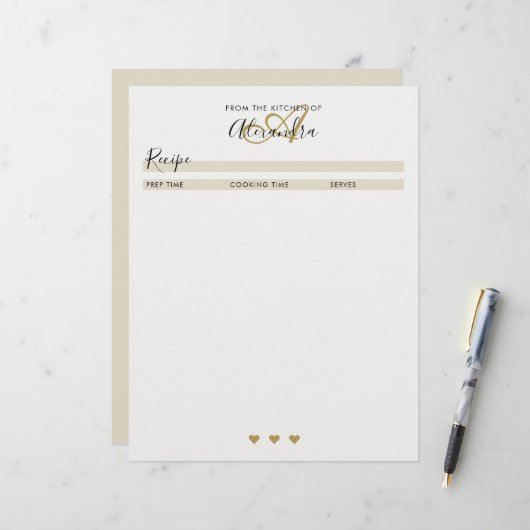 モノグラムエレガントブラック金ゴールドシンプルレシピシート (正面/裏面インサイチュ)