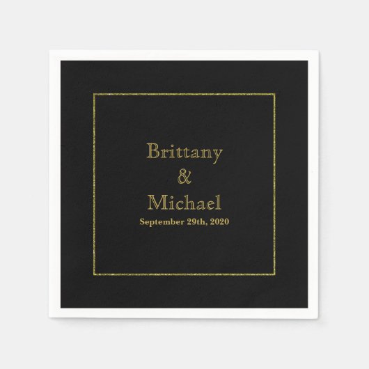 モノグラムエレガントブラック金ゴールド結婚ズナプキン スタンダードカクテルナプキン (正面)