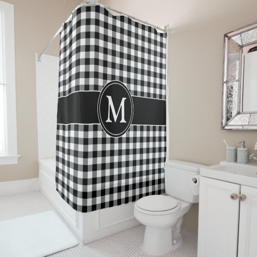 モノグラムエレガントブラック&ホワイトのチェック済みパターン シャワーカーテン (インサイチュ)