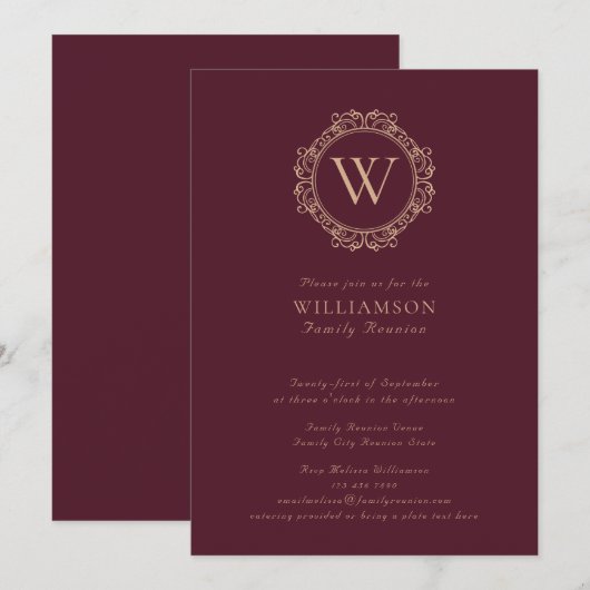 モノグラムエレガントブルガンディファミリー懇親会 招待状 (正面/裏面)