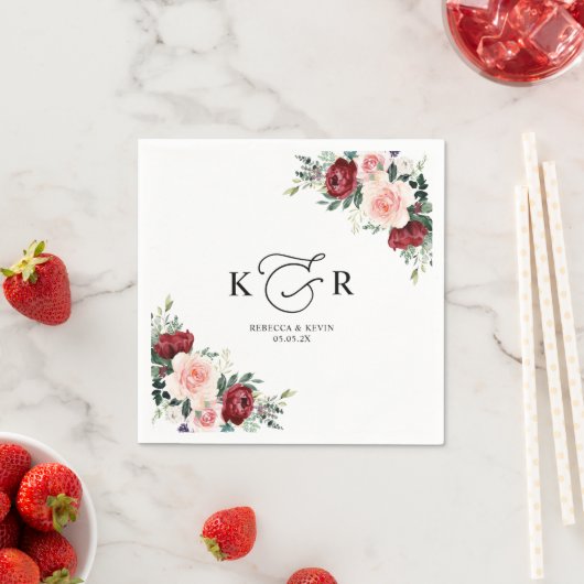 モノグラムエレガントブルゴーニュ赤面フローラ スタンダードカクテルナプキン (インサイチュ)