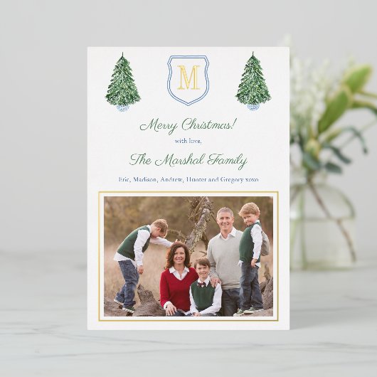 モノグラムエレガントブルーと緑のメリークリスマス 箔シーズンカード (立ち正面)