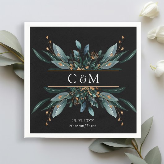 モノグラムエレガントブルー金ゴールド（イミタット）ボタニカルナップ スタンダードカクテルナプキン