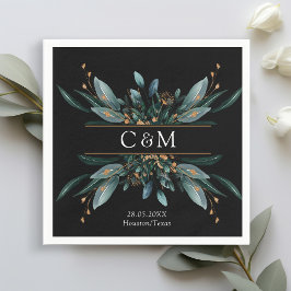 モノグラムエレガントブルー金ゴールド（イミタット）ボタニカルナップ スタンダードカクテルナプキン