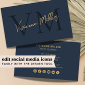 モノグラムエレガントプロフェッショナルネイビーブルー金ゴールド 名刺