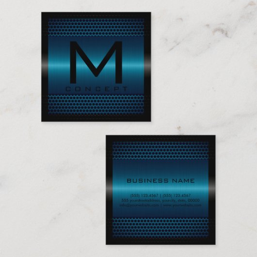 モノグラムエレガントプロフェッショナルモダンメタリックブルー スクエア名刺 (正面/裏面)