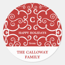 モノグラムエレガントホリデーステッカー/赤 ラウンドシール