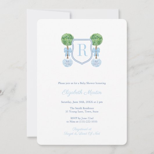 モノグラムエレガントボックウッド少年ベビーシャワーパーティー 招待状 (正面)