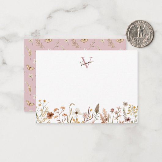 モノグラムエレガントボホウォーター色ワイルドフラワーフローラ ノートカード (正面/裏面インサイチュ)