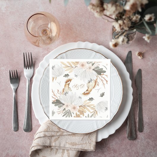 モノグラムエレガントボホ水彩花と鳥 スタンダードカクテルナプキン