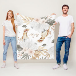 モノグラムエレガントボホ水彩花と鳥 フリースブランケット