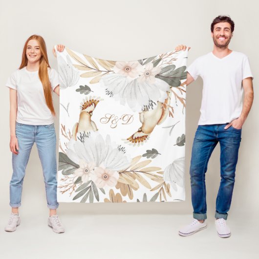 モノグラムエレガントボホ水彩花と鳥 フリースブランケット (インサイチュ)