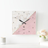 モノグラムエレガントマーブルミニマルバラ金ゴールド スクエア壁時計 (ホーム)