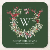 モノグラムエレガントメリークリスマスホリデーリース スクエアペーパーコースター (正面)