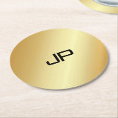 モノグラムエレガントモダン金ゴールドルックテンプレート ラウンドペーパーコースター (アングル)