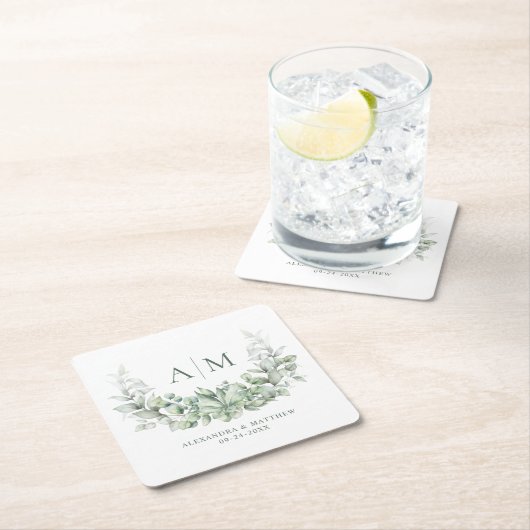 モノグラムエレガントユーカリ緑結婚草 スクエアペーパーコースター (インサイチュ)