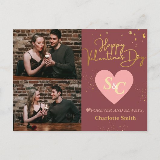 モノグラムエレガントラブバレンタインのカップルの写真 シーズンポストカード (正面)