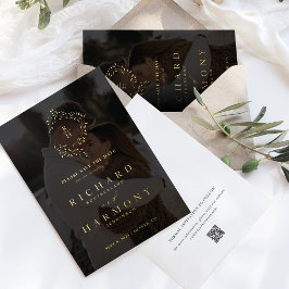 モノグラムエレガントリースブラックフォトセーブ日付 箔招待状