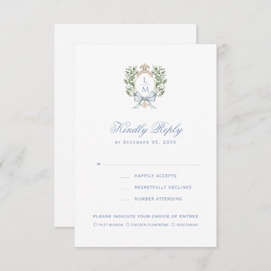 モノグラムエレガントリーフクレスト付き/ボウRSVPカード サンキューカード (正面/裏面)