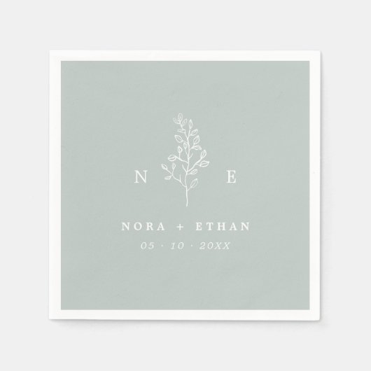 モノグラムエレガントリーフセージ緑結婚の スタンダードカクテルナプキン (正面)