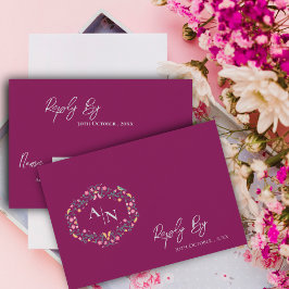 モノグラムエレガントレッド複雑なフローラ結婚ズ 出欠カード