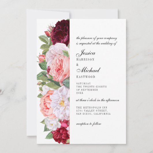 モノグラムエレガントヴィンテージバラブルグンディ結婚ズ 招待状 (正面)