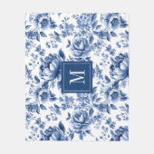 モノグラムエレガントヴィンテージ青色花の模様 フリースブランケット (正面)