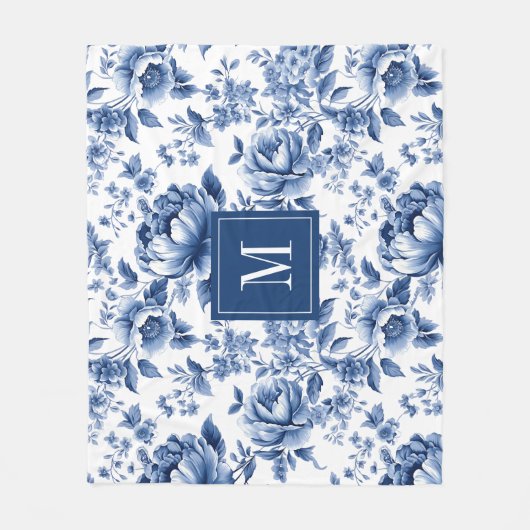 モノグラムエレガントヴィンテージ青色花の模様 フリースブランケット (正面)