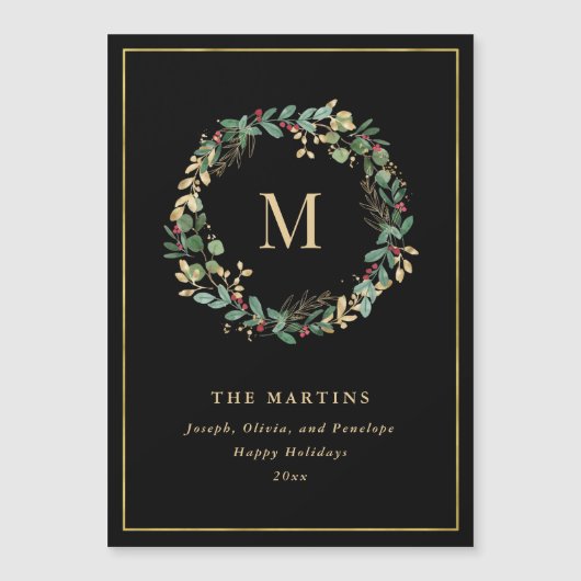 モノグラムエレガント付きゴールデンクリスマスリース (正面)