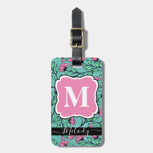 モノグラムエレガント付きピンクのフローララゲージタグ ラゲッジタグ (正面縦)