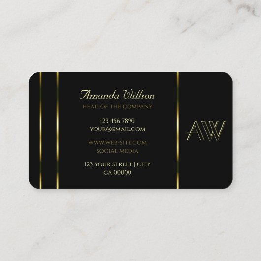 モノグラムエレガント付き黒いシマストライプリー金ゴールド 名刺 (裏面)
