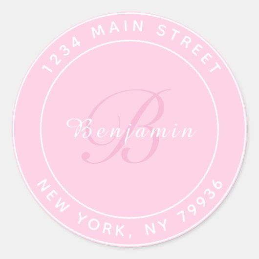 モノグラムエレガント円形差出人住所ピンク ラウンドシール (正面)