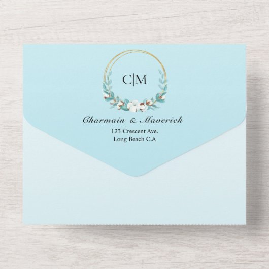 モノグラムエレガント夏ビーチ結婚式すべてI オールインワン招待状 (裏面)