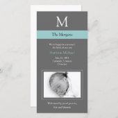 モノグラムエレガント新生児フォトカード – グレー/青 案内状 (正面/裏面)