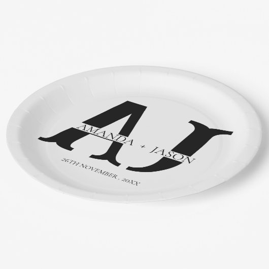 モノグラムエレガント新郎新婦が結婚式パーティーを命名 ペーパープレート (アングル)