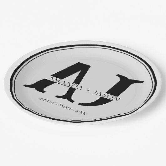 モノグラムエレガント新郎新婦が結婚式パーティーを命名 ペーパープレート (アングル)