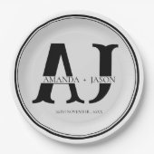 モノグラムエレガント新郎新婦が結婚式パーティーを命名 ペーパープレート (正面)