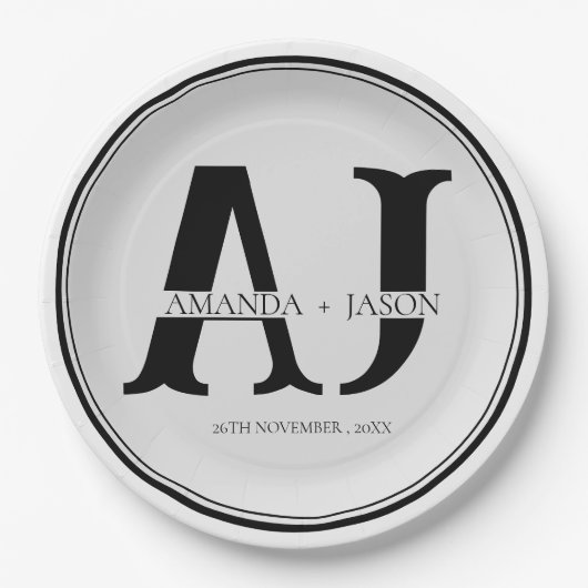 モノグラムエレガント新郎新婦が結婚式パーティーを命名 ペーパープレート (正面)
